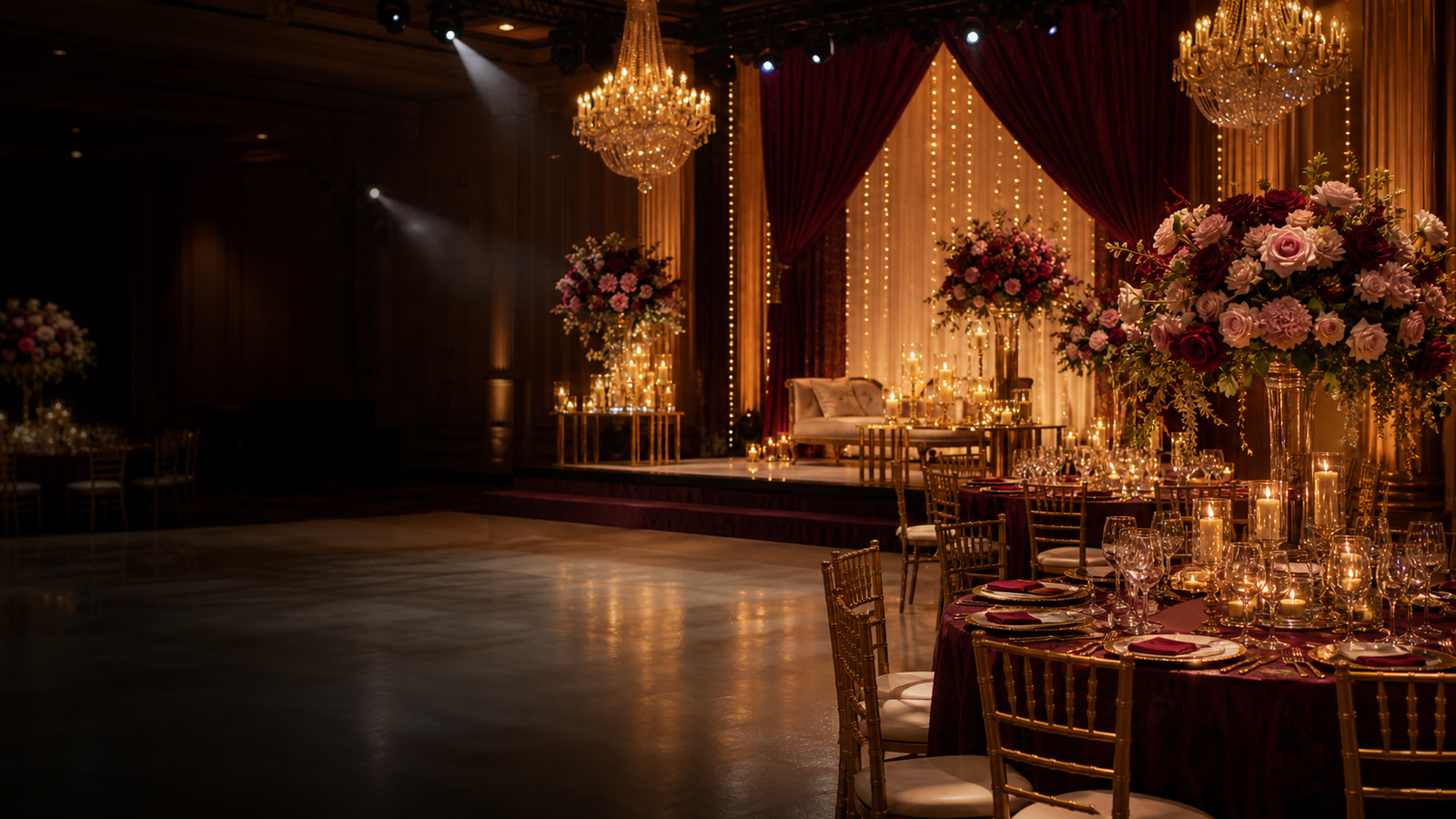 Salão de festas luxuoso decorado para aniversário de 15 anos